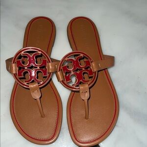 Tory Burch Tan and Red Medallion Sandals
